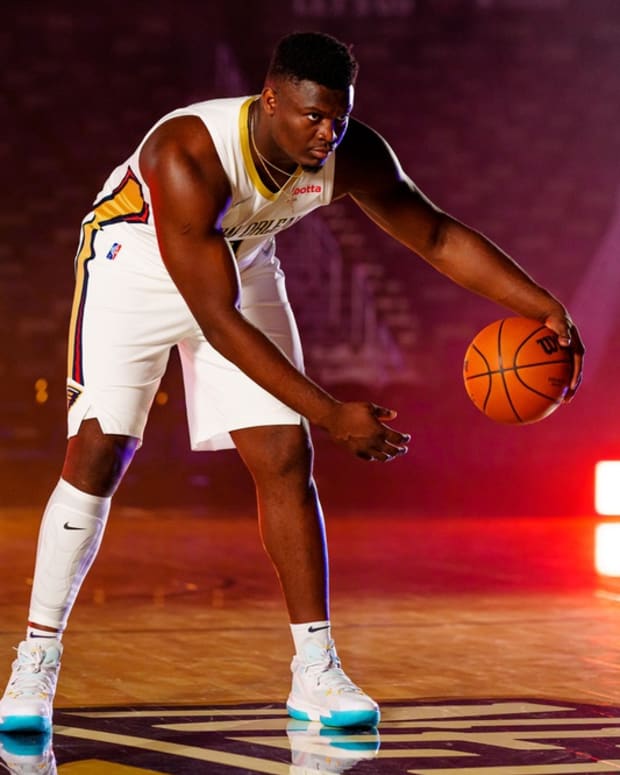 Sep 27, 2021; New Orleans, LA, USA; Zion Williamson during a press conference at the New Orleans Pelicans Media Day. Mandatory Credit: Andrew Wevers-USA TODAY Sports
